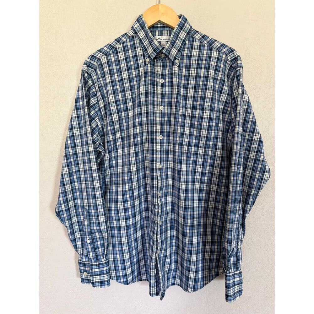 Peter Millar Men’s long-sleeve button-down shirt blue & white plaid SZ L